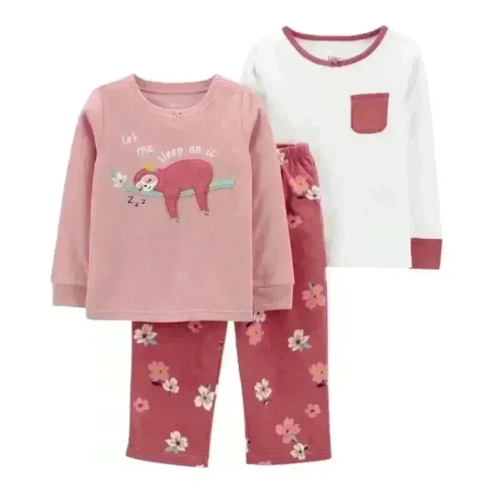 Girls Carter's 3 Piece Sleep Set - Sloth Long Sleeve Pajamas - Size: 6/6A
